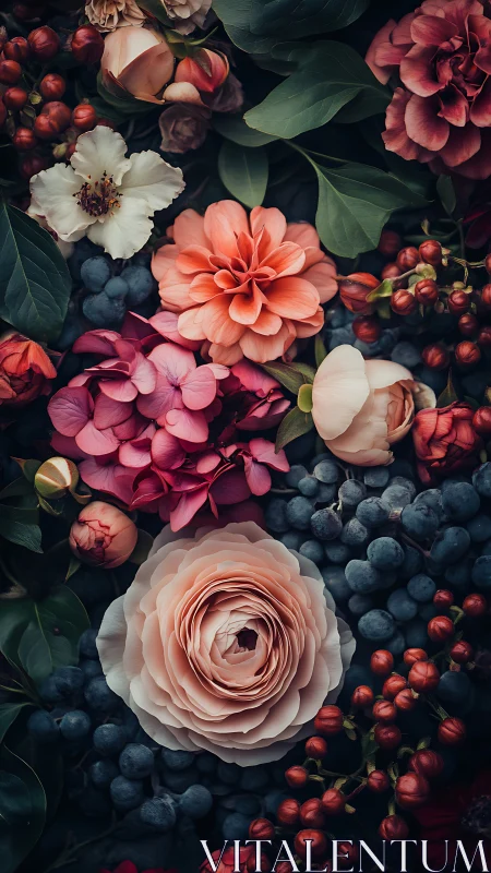 Lush Garden Arrangement with Roses, Dahlias, and Berries.