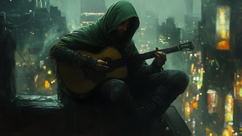 Hooded guitarist plays over neon city in pouring rain.
