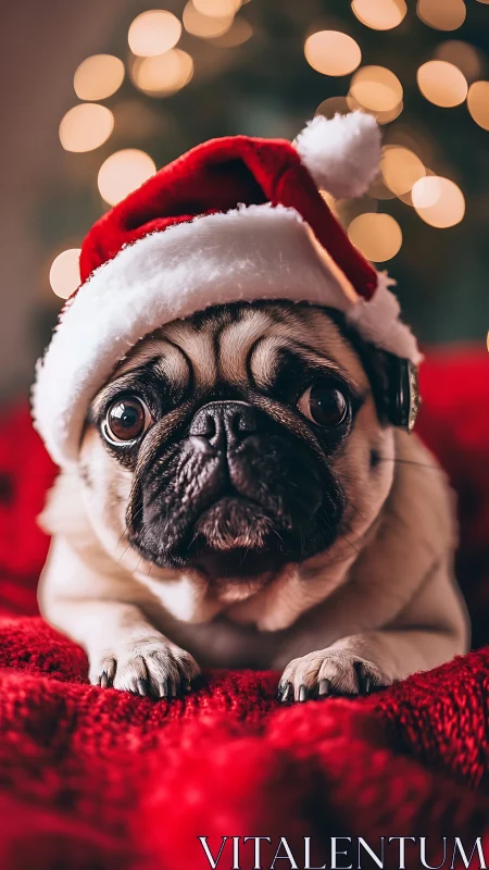Festive pug rests on red blanket in a cozy holiday glow