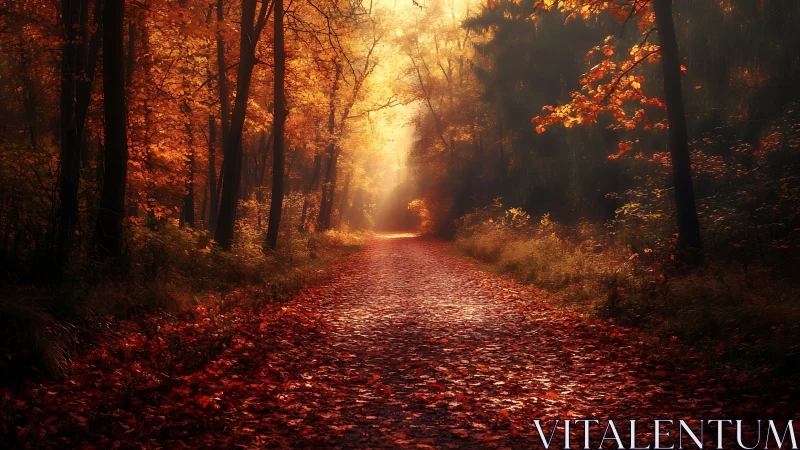 Autumnal Forest Path with Backlighting and Golden Hour Atmospheric Effect