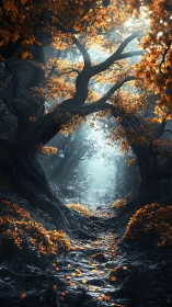 Enchanted forest path under twisted autumn canopy.