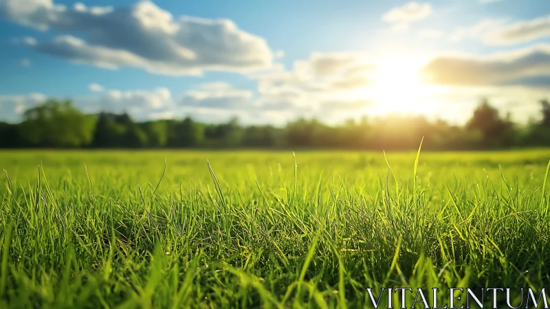 Bright green grass field under low morning sunlight.