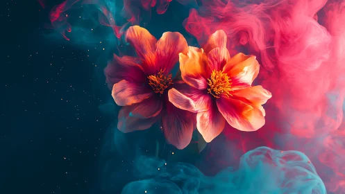 Radiant Blooms Burst Through Ethereal Pink and Teal Smoke.