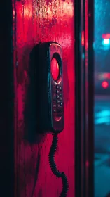 Neon-lit wall phone under moody cyberpunk street glow.