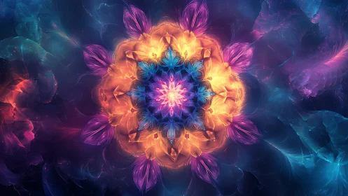 Fractal mandala glows with vivid neon petals in deep space
