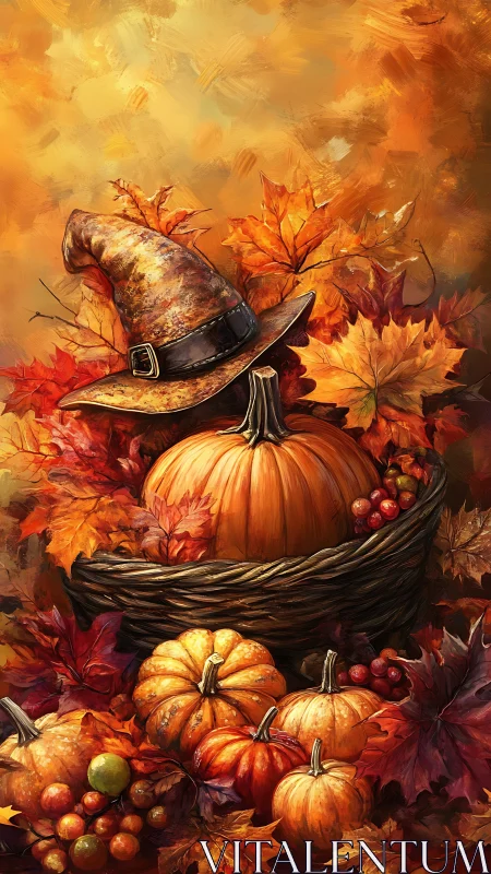 Enchanted autumn harvest with pumpkins and a wandering hat.