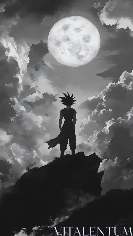 Silhouetted warrior under full moon atop stormy cliff.