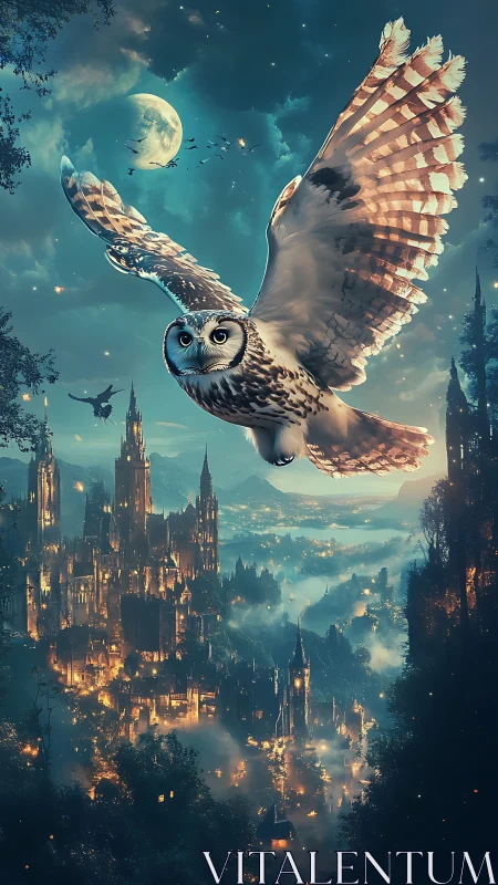 Moonlit owl soars above glowing fantasy citadel skyline.