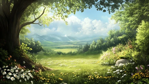 Sunlit meadow panorama under ancient oak in lush bloom