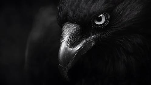 Close raven portrait in stark monochrome detail.