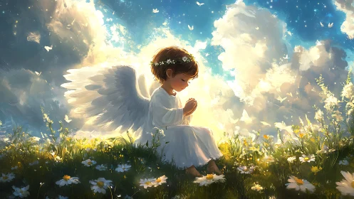Sunlit child angel in wildflower meadow of whispered prayers.