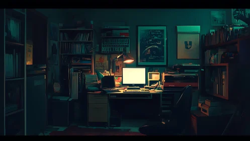 Dimly lit home office workstation with bookshelves and desk.