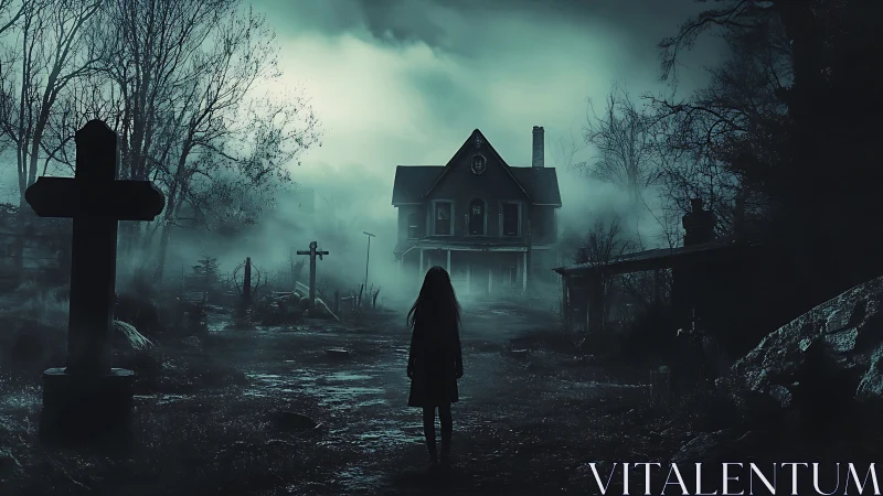 Silhouetted figure on misty path before isolated house.