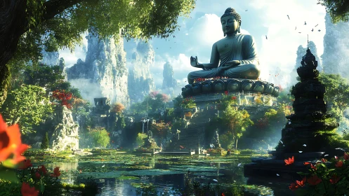 Monumental Buddha statue dominates misty, foliage‑rich valley temple