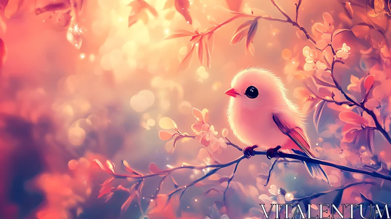 Fluffy White Bird on Blossom Branch in Dreamy Pastel Art Style.