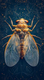 Macro insect portrait with luminous amber wings, teal field