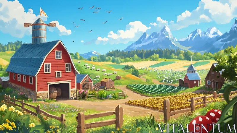 Idyllic stylized farmstead unfolds beneath alpine mountain range