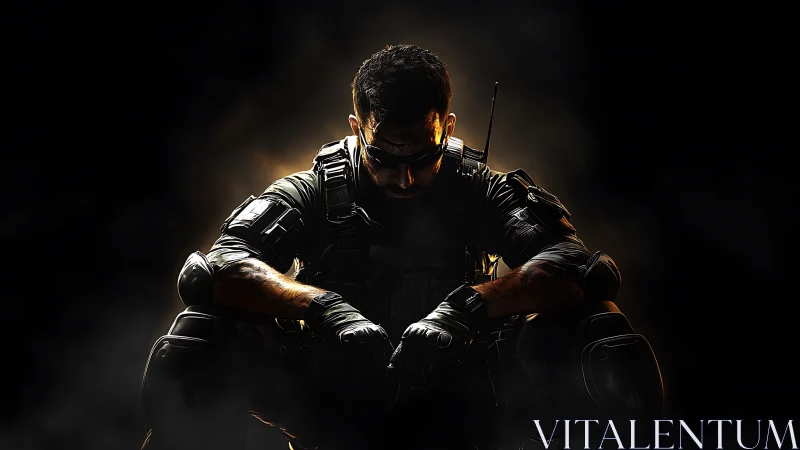 Tactical soldier crouches in shadow with golden backlight.