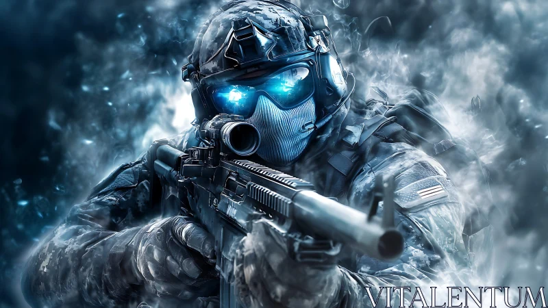 Futuristic spec-ops sniper framed in blue tactical haze