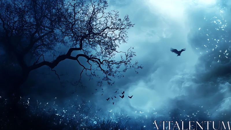 Silhouetted tree and flying birds contrast against blue sky