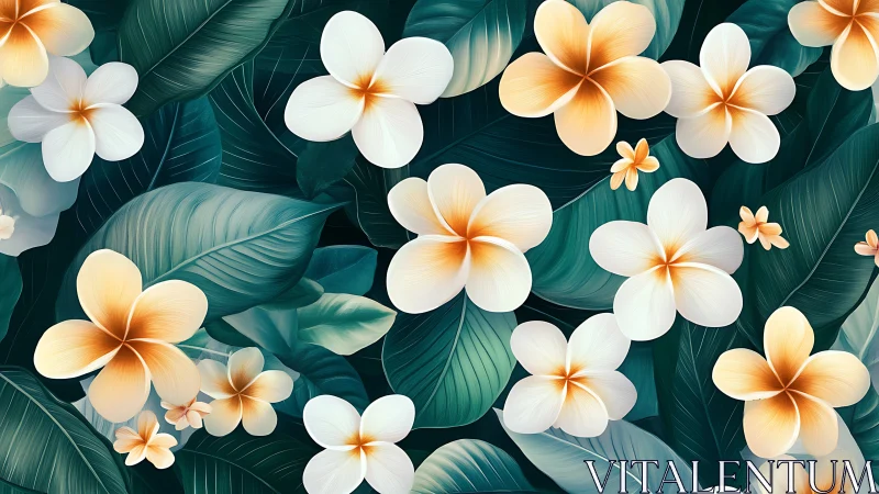 Plumeria Flowers and Tropical Foliage Composition
