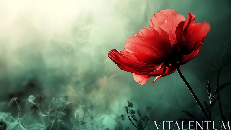 Red Flower Stem Against Soft Green Background Composition