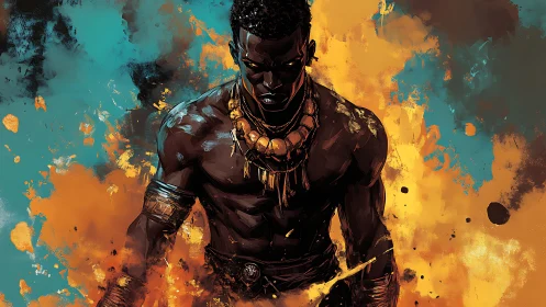 Male warrior figure in abstract teal and orange field.