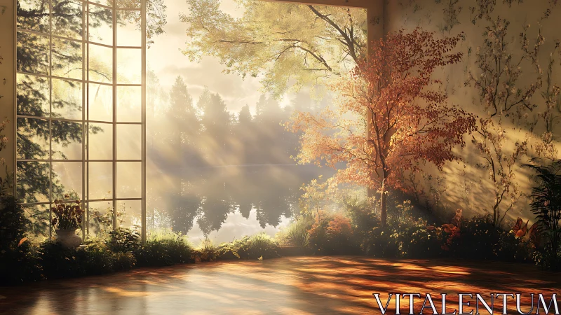 Sunlit lake-window sanctum where autumn quietly lingers.