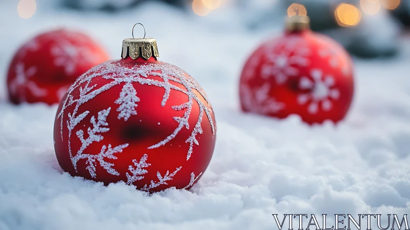 Crimson snow globe baubles rest like tiny winter planets