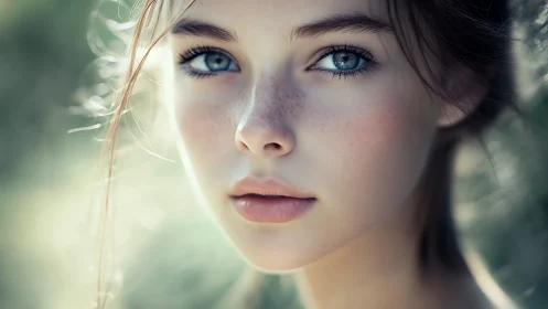 Soft-focus portrait with luminous eyes and pastel tones.