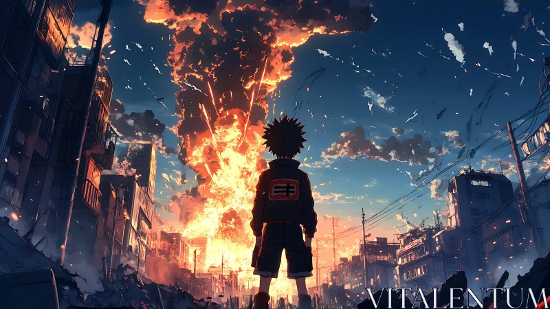 Child observes large central explosion in damaged urban street