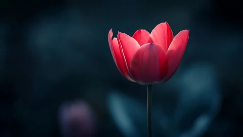 Red Tulip Silhouetted Against Blurred Teal Background