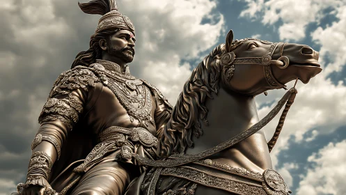 Bronze warrior king on horseback stands against stormy sky