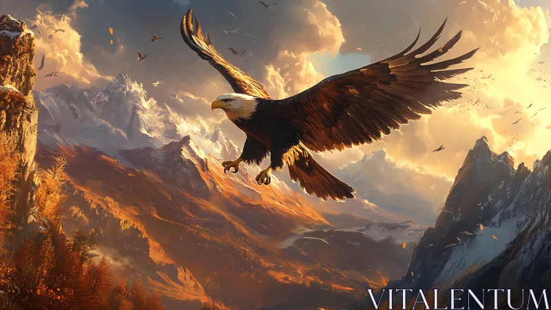 Majestic Bald Eagle Soaring Over Dramatic Mountain Landscape.