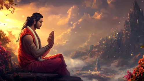 Golden sunset blesses serene monk in peaceful mountain prayer