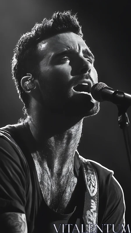 Monochrome stage portrait of vocalist in high contrast light.
