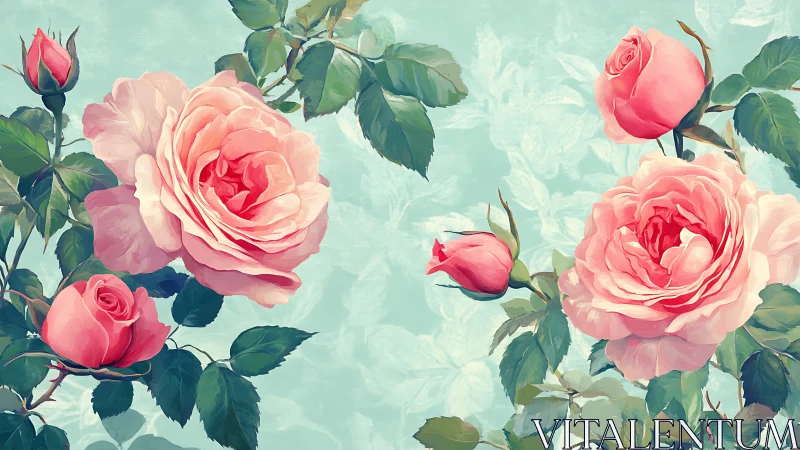 Botanical Digital Painting: Soft Palette Roses Against Turquoise.