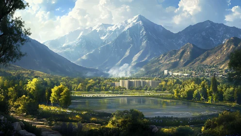 Mountain valley lake reflects sunlit peaks and distant cityscape