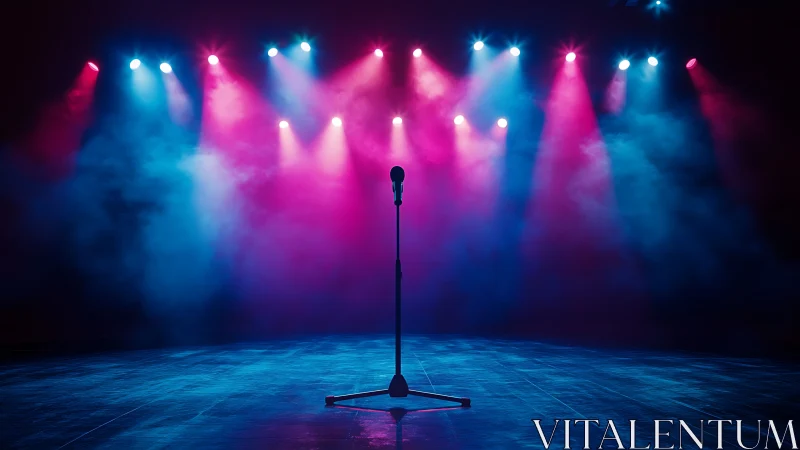 Microphone on stage under blue and pink concert lighting.