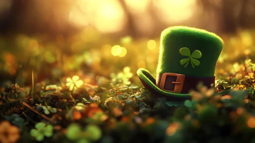 Vibrant felt leprechaun hat with bokeh-lit clover field foreground