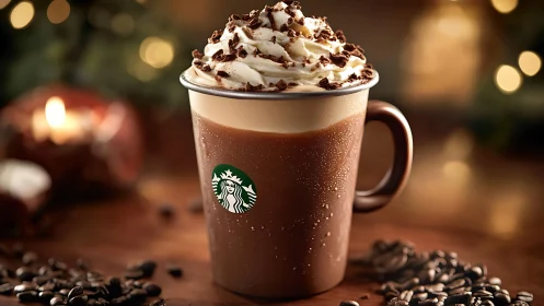 Holiday Starbucks mocha topped with rich whipped cream.