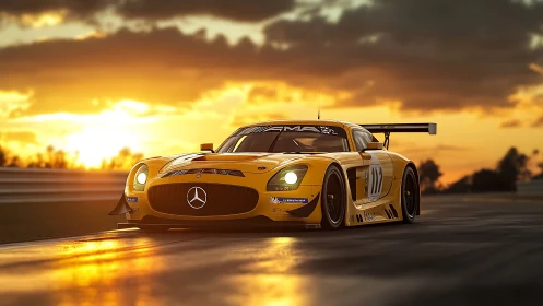 Golden race car chasing sunset along a glowing track.