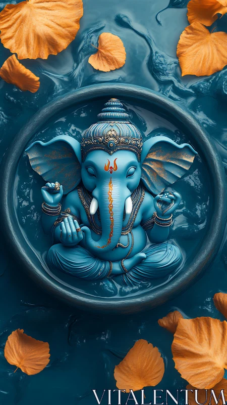 Blue Ganesha idol floats in teal water with gold leaves