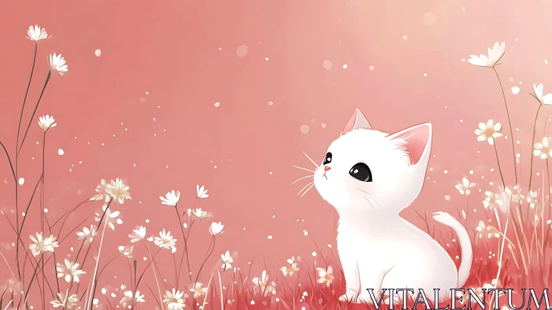 White Kitten Among Soft Pink Cosmos Meadow.
