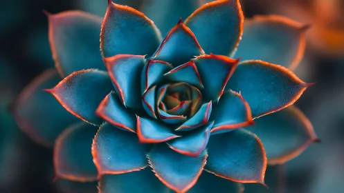Blue succulent rosette with red-orange leaf margins photographed in macro detail.