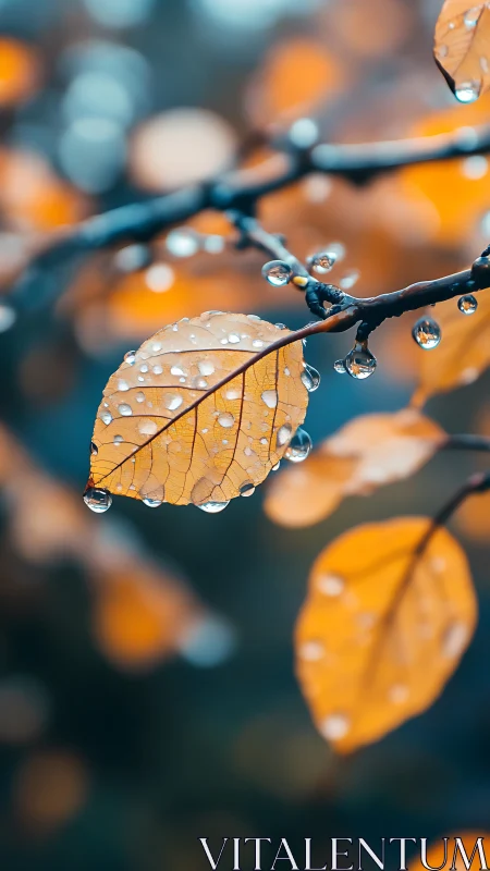 Close-up of wet orange leaves on branch after rainfall.