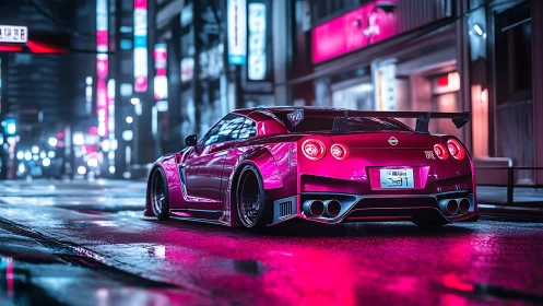 Modified red sports car on neon lit wet city street.