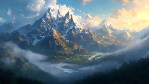 Vast snowcapped mountains above misty valley at sunrise