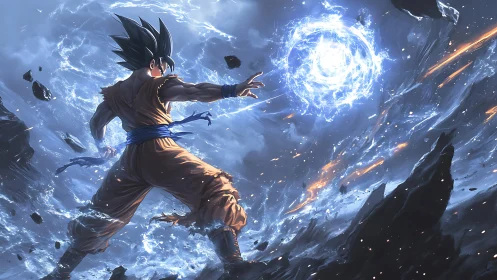 Saiyan warrior channels dense blue energy amid shattered sky