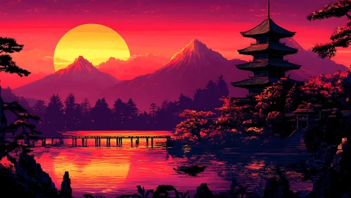 Sunset illuminates pagoda, bridge, lake and distant mountains